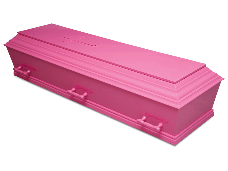 Pink coffin with handles, viewed at an angle.