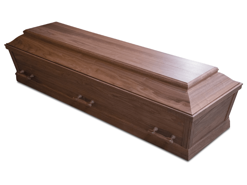 Brown wooden coffin.