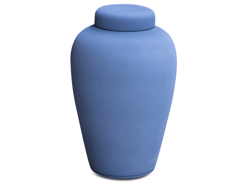 Blue ceramic urn with a matching lid.