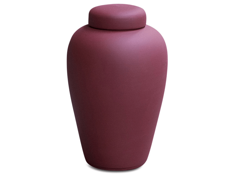 Burgundy urn with a rounded lid, set against a white background.