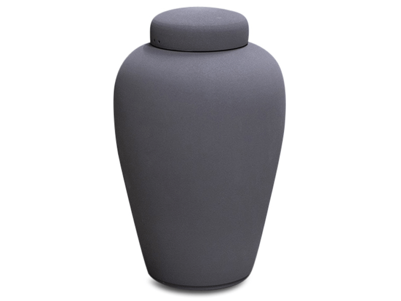 Gray urn with a matching lid.