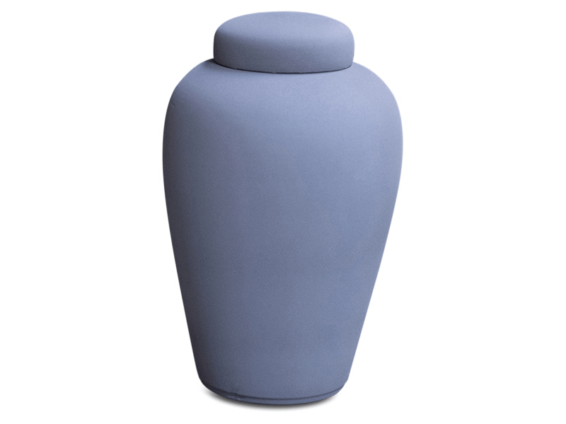 A blue, urn-shaped container with a lid, likely for ashes, isolated on white.