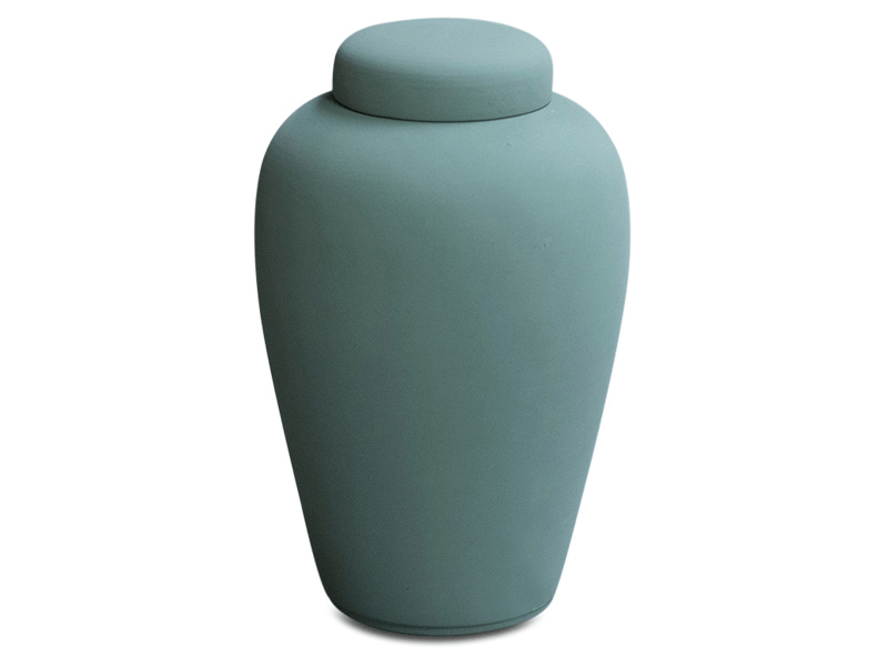 Teal ceramic urn with matching lid, set against a white background.