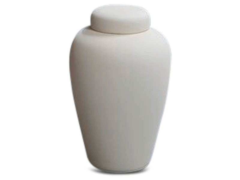 White ceramic urn with lid.