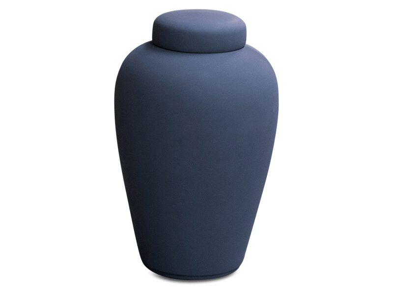 Navy blue urn with a matching lid.