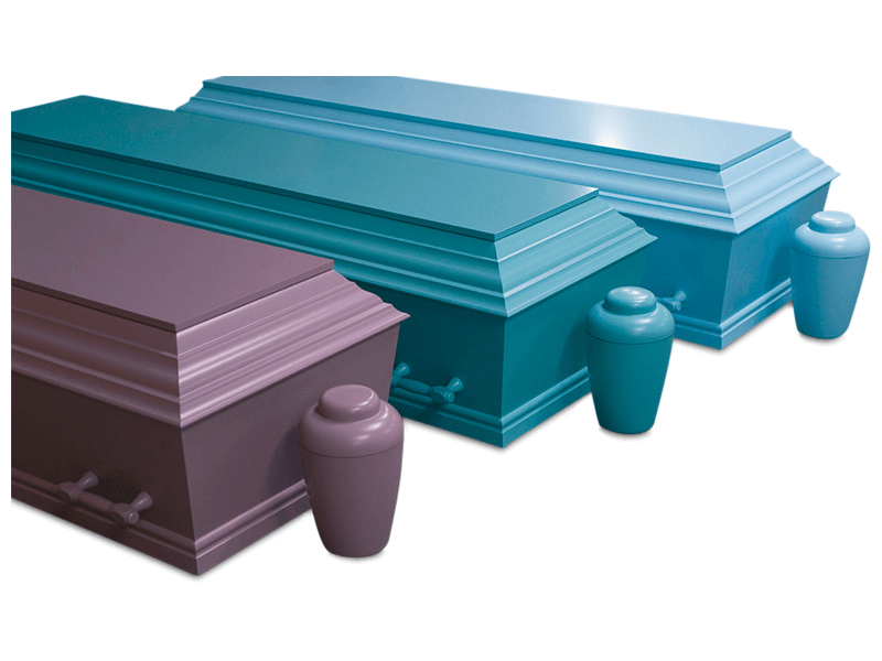 Three colorful coffins and urns in shades of purple, teal, and blue.