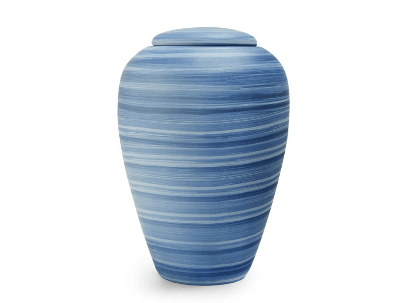 Blue ceramic urn with horizontal striped texture and lid.