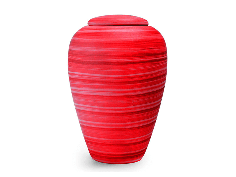 Red urn with horizontal striped design and a lid.