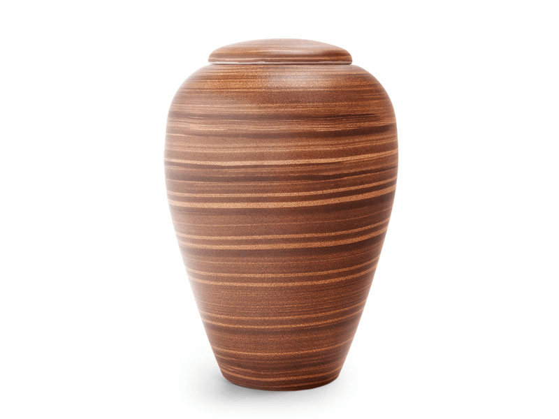 Brown urn with horizontal woodgrain pattern, tapered shape, and lid.
