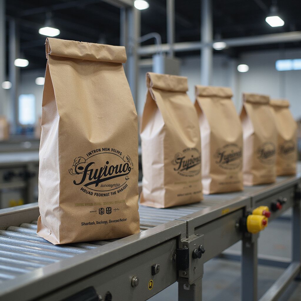Bags of coffee on a conveyor belt in a factory. Brown paper bags with black logo.