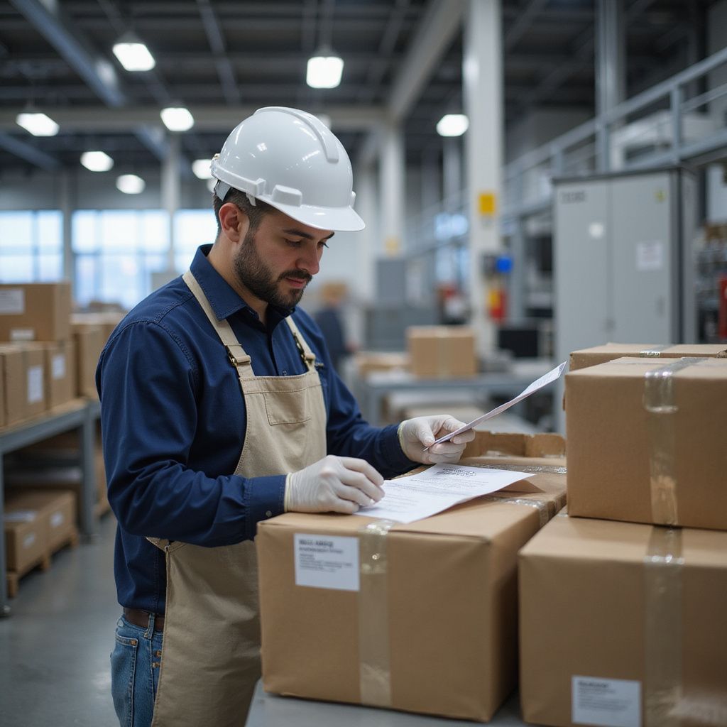 Warehouse worker in a hard hat and apron checks paperwork on boxes.