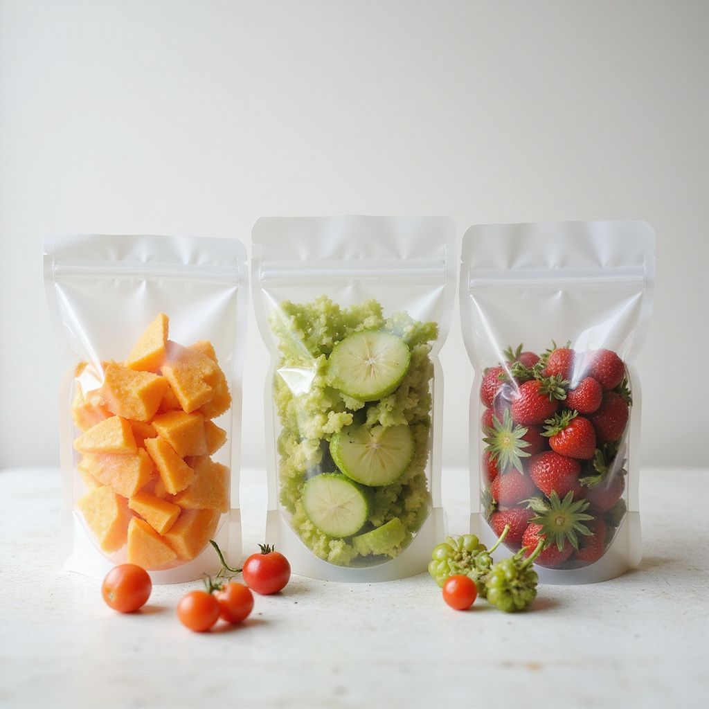 Three clear bags filled with orange, green, and red produce; tomatoes in front.