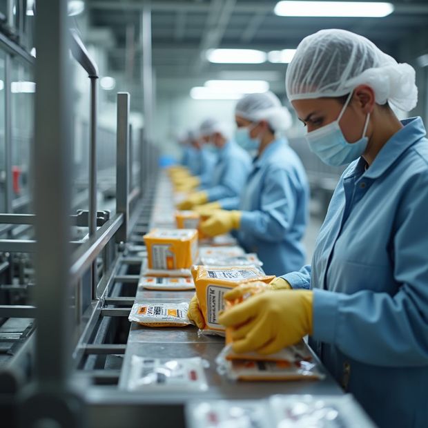 Workers in protective gear packing food products on a factory assembly line.