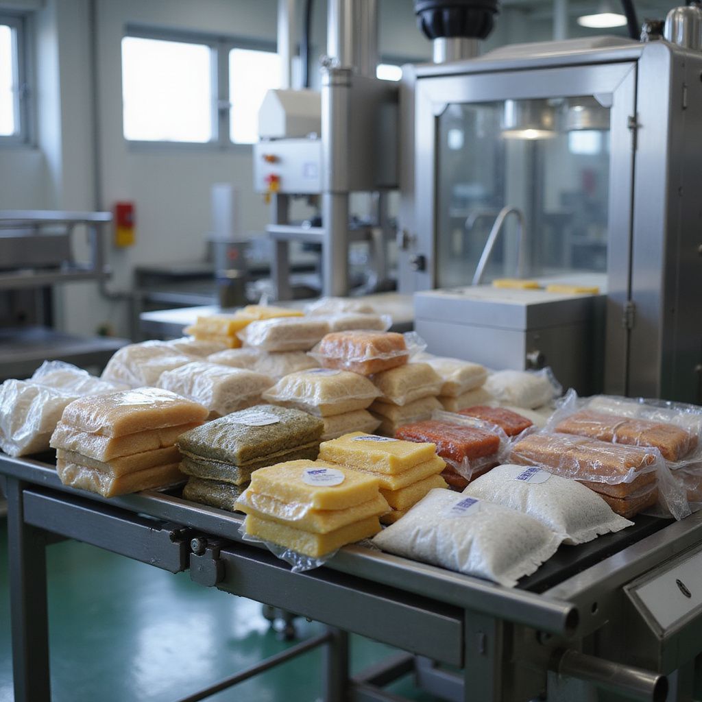 Various food products in clear plastic packaging stacked on a metal table in a food processing facility.