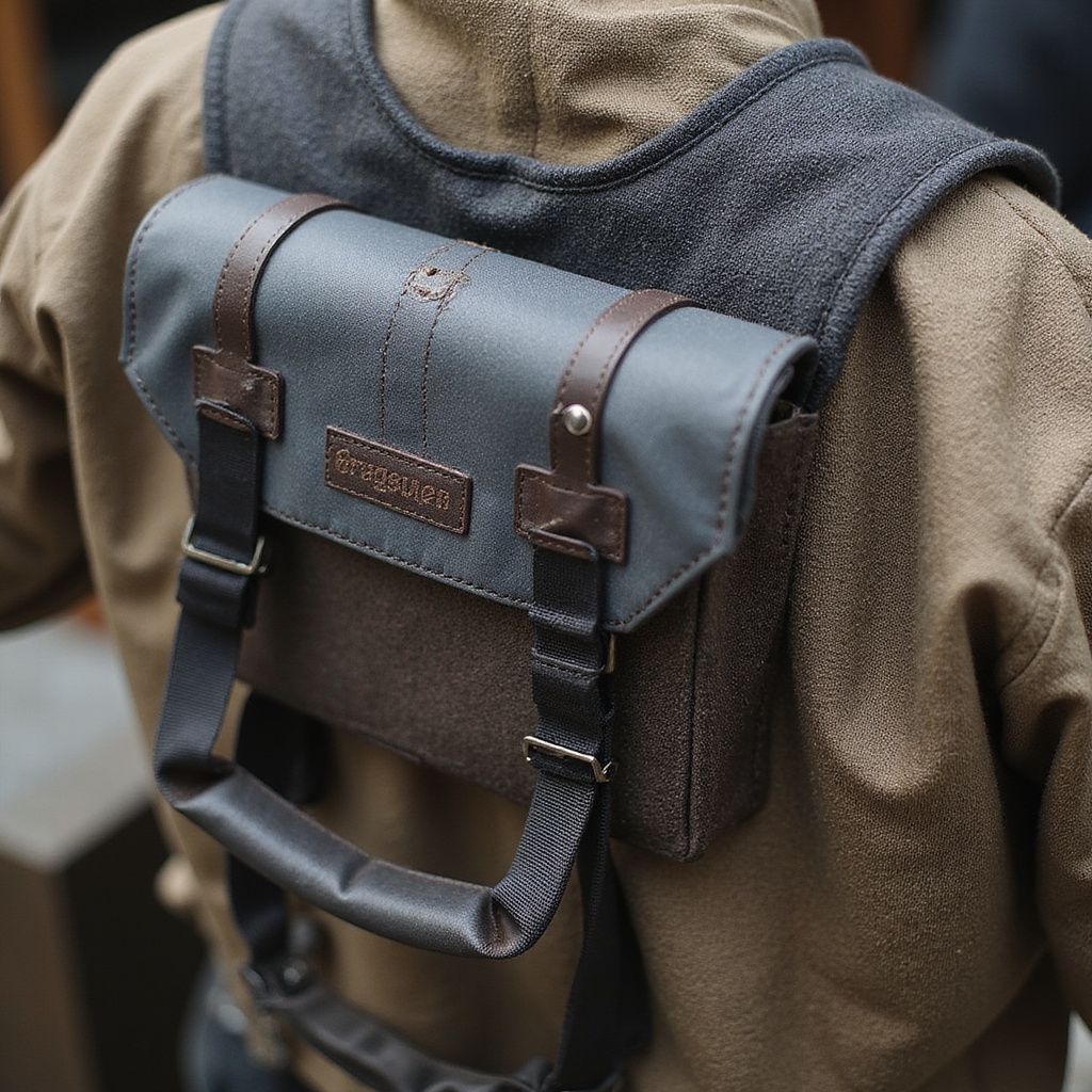 Person wearing a gray and brown satchel backpack with brown leather straps.