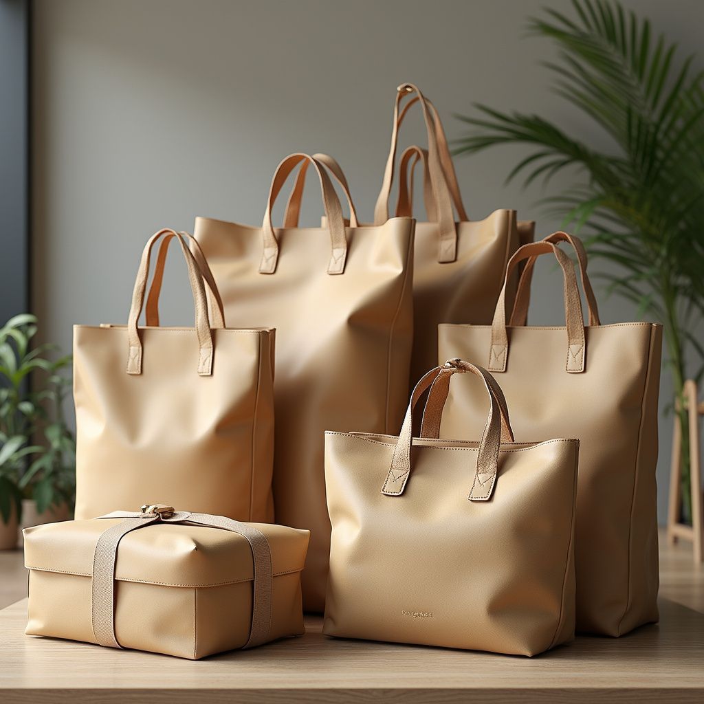 Beige leather tote bags and wrapped gift on a wooden table, with plants in the background.