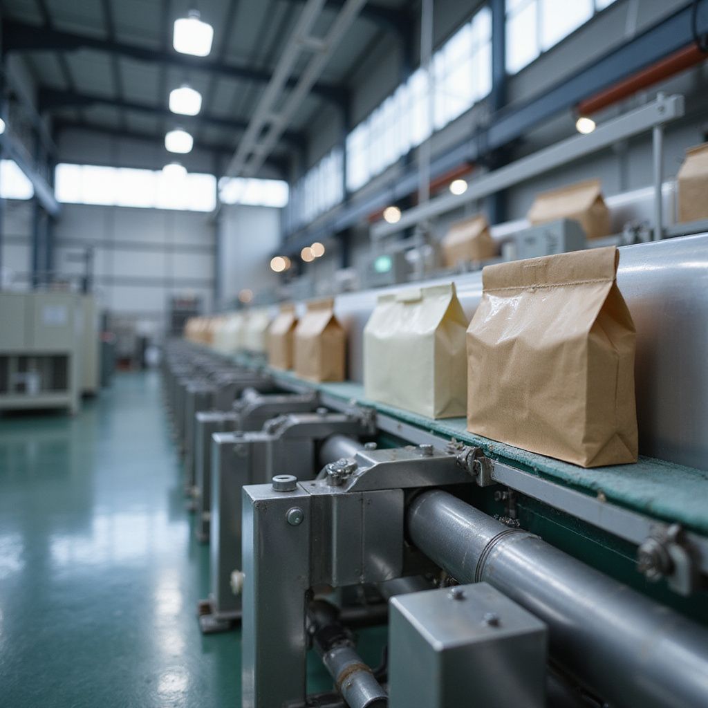 Paper bags on a conveyor belt in a factory, moving toward the background.