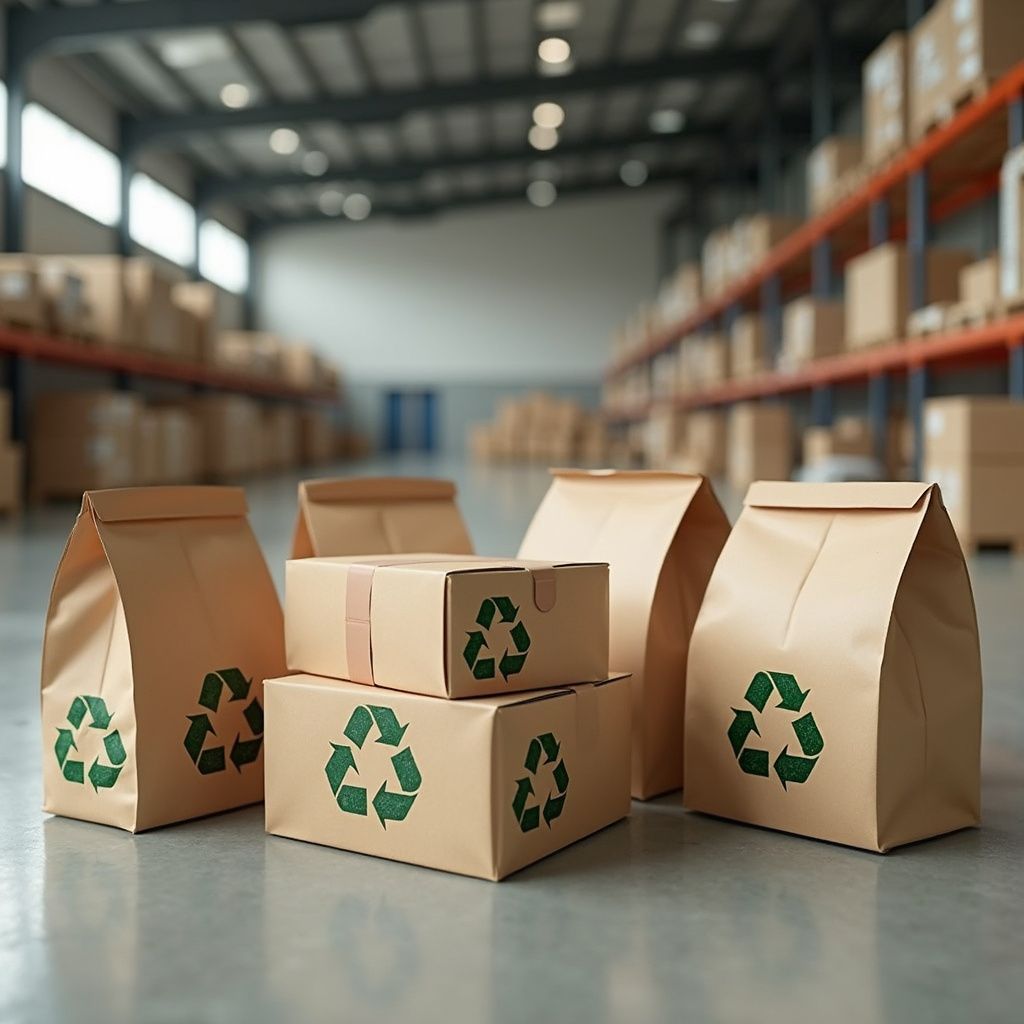 Brown cardboard boxes and bags with recycling symbols in a warehouse, promoting sustainable packaging.