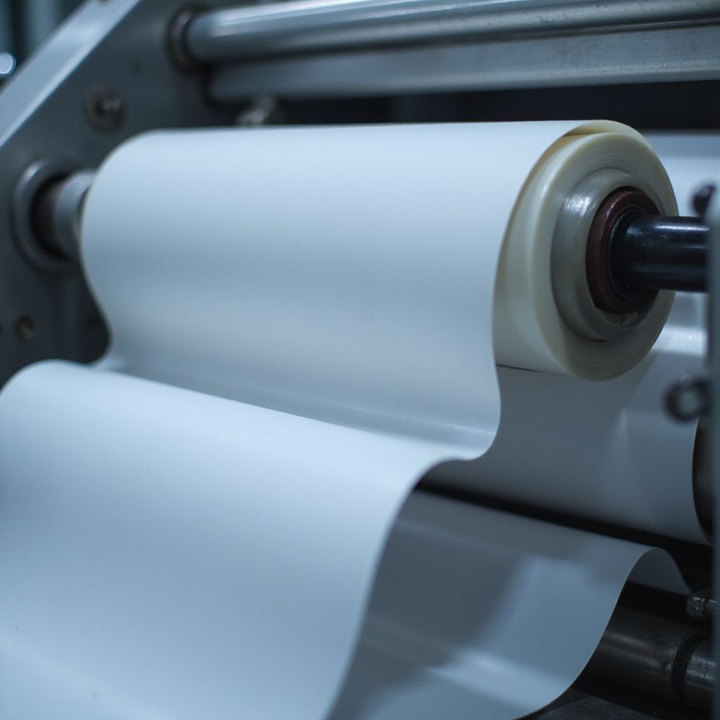 White roll of material being fed through industrial machinery.