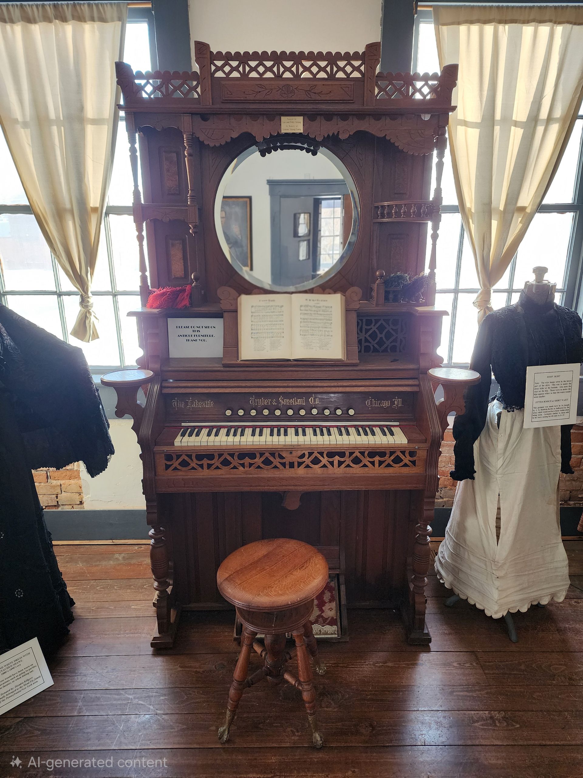 Antique wooden organ with mirror, open sheet music, and stool in a room flanked by mannequins and curtains