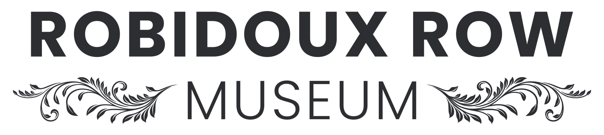 Robidoux Row Museum logo with black text and decorative floral flourishes on a light gray background