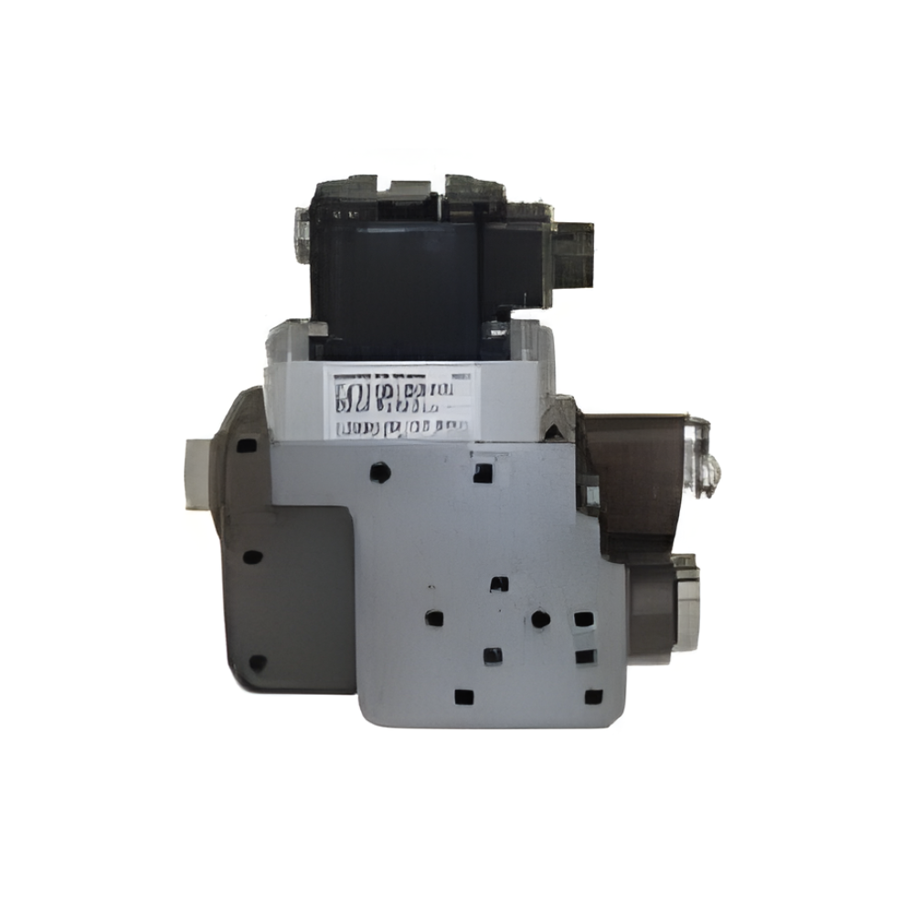 A red machine is sitting on top of a metal structure.