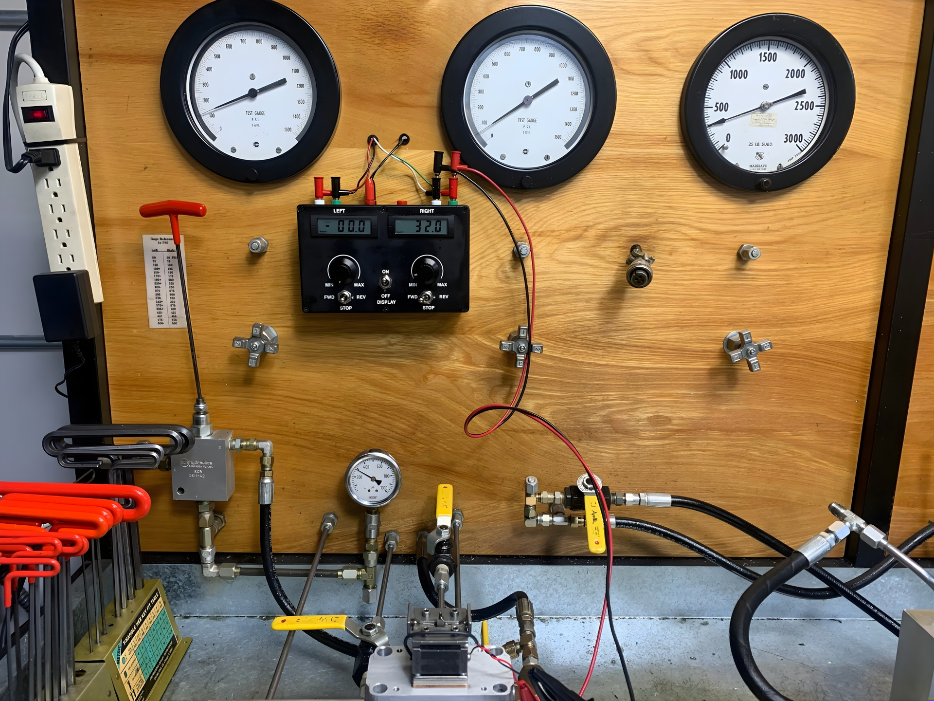 Pressure gauges and electronic controls mounted on a wooden panel, likely for industrial equipment testing.