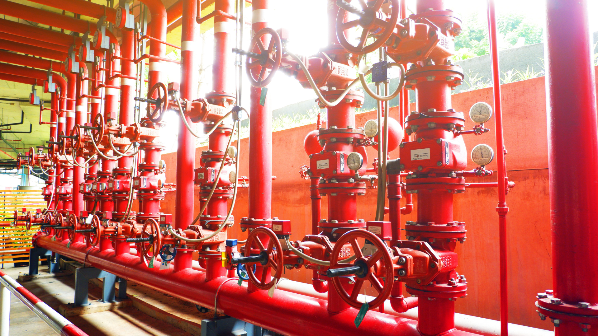 A row of red pipes and valves in a factory.