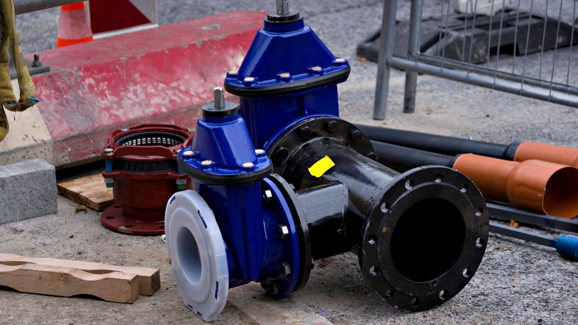 A bunch of pipes and valves are laying on the ground.