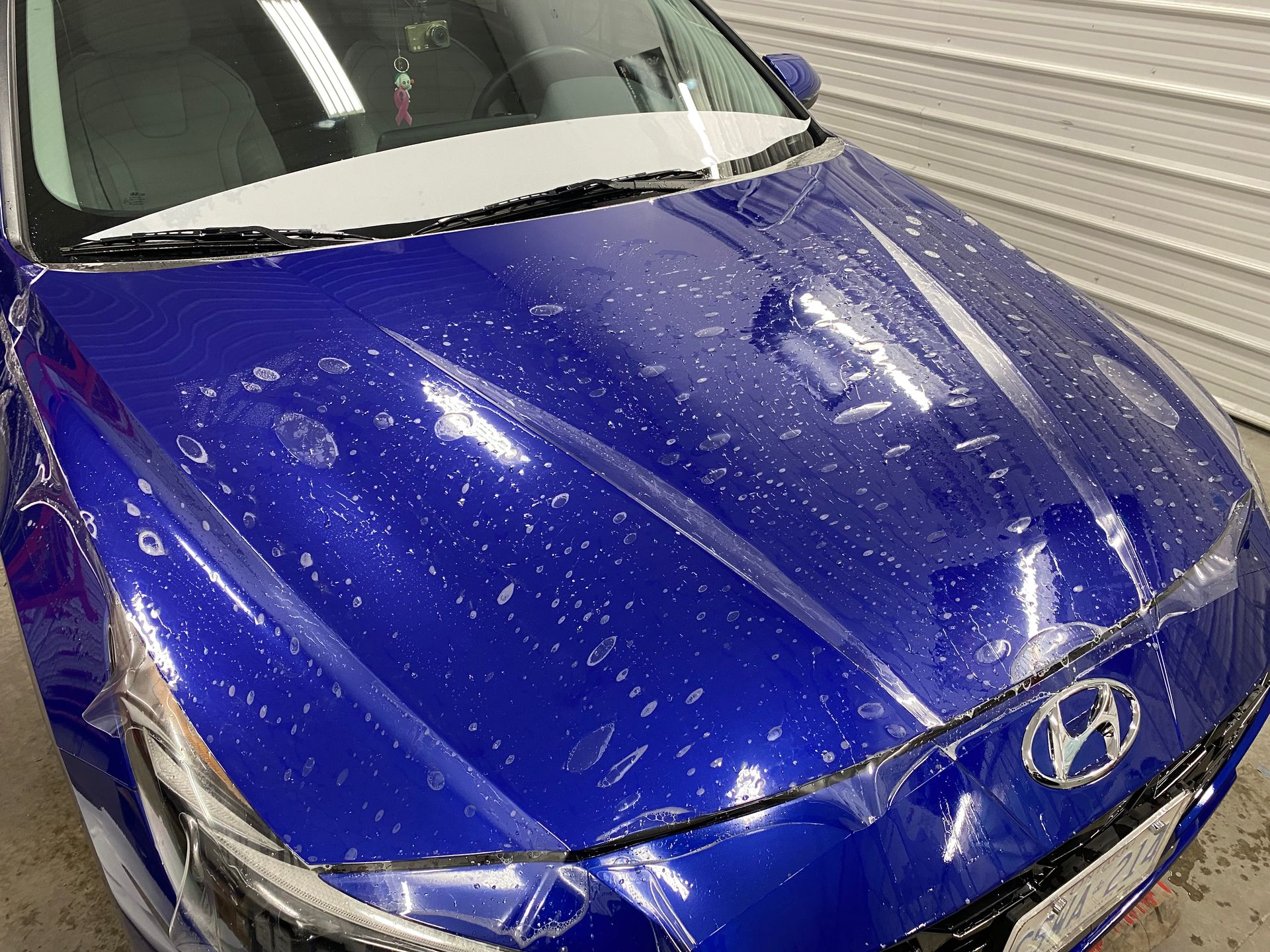 A person is applying protective film to the hood of a car.