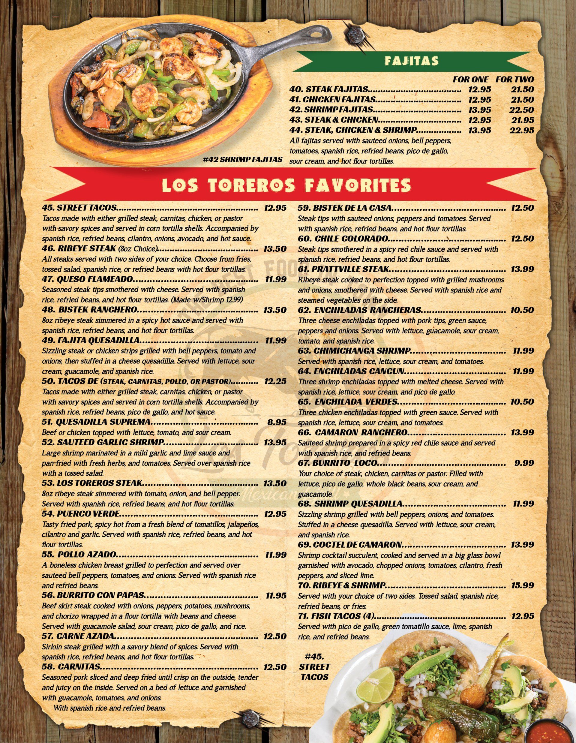 Mexican Food Prattville, AL - Los Toreros Mexican Restaurant Menu