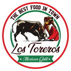 Los Toreros Mexican Grill logo: bull and matador in a red and green circle, text
