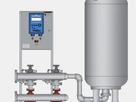 A drawing of a water pump with a control panel and a tank.