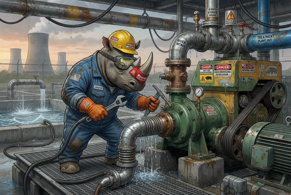 Worker in yellow hard hat inspects a green industrial pump in a smoky factory setting.