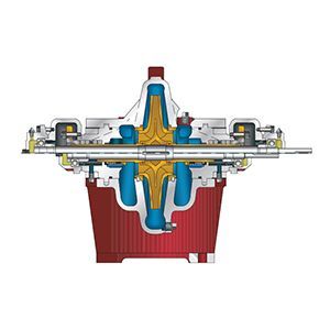 A drawing of a red and blue machine on a white background.