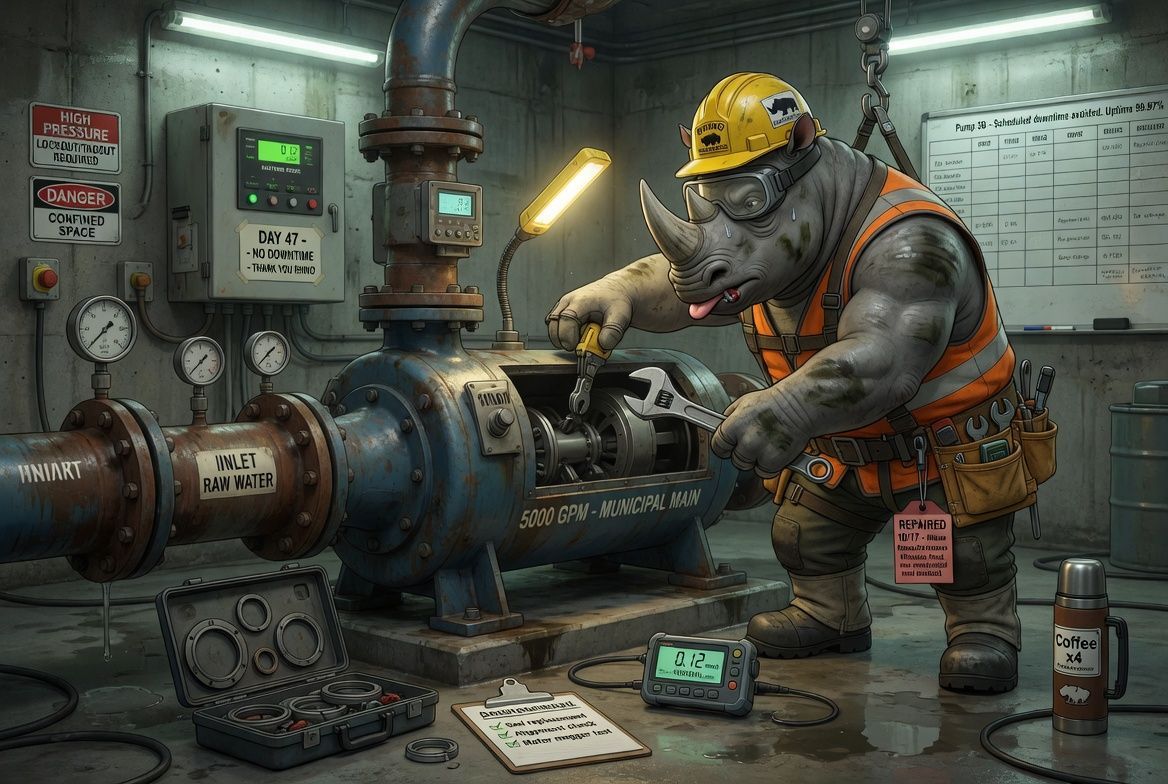 Worker repairing a large pipe in an industrial workshop, surrounded by tools, gauges, and warning signs.