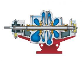 A cross section of a pump showing the inside of it.
