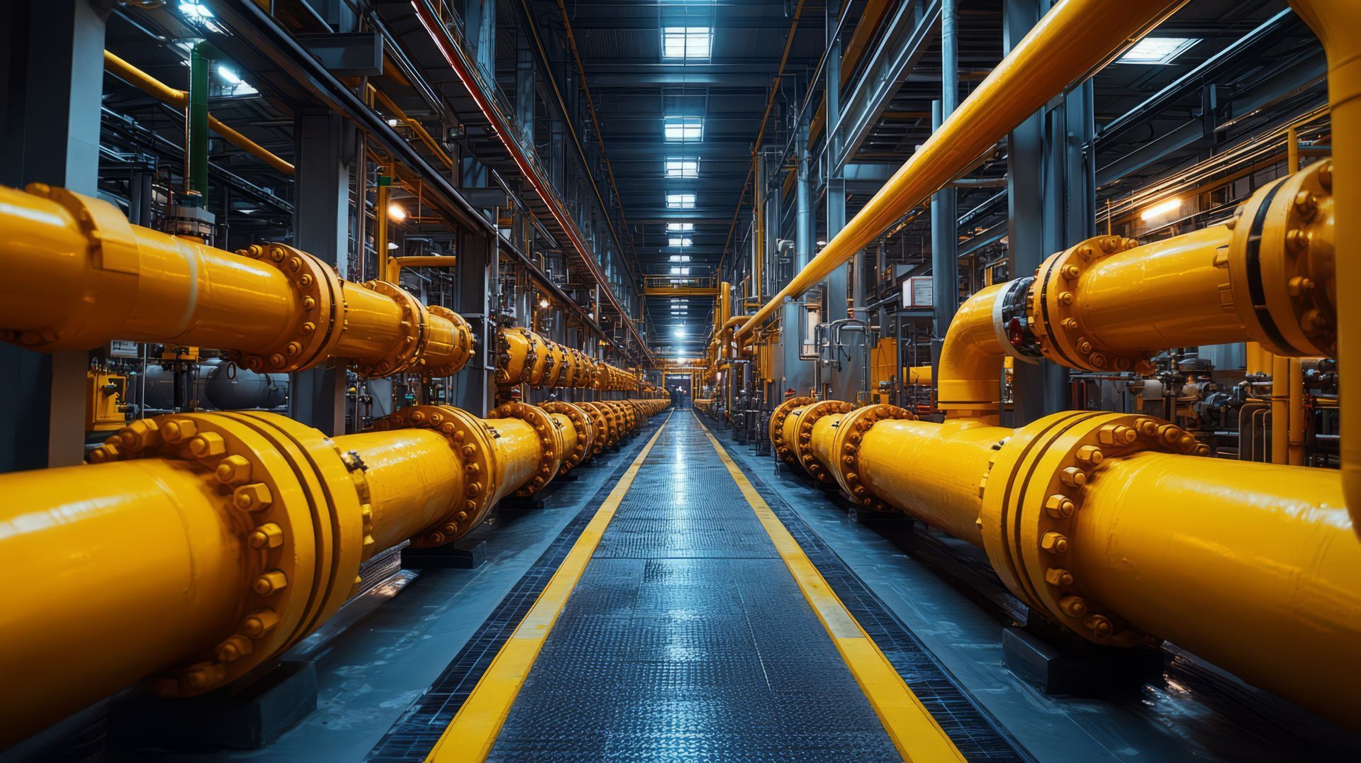 A row of yellow pipes are lined up in a factory.