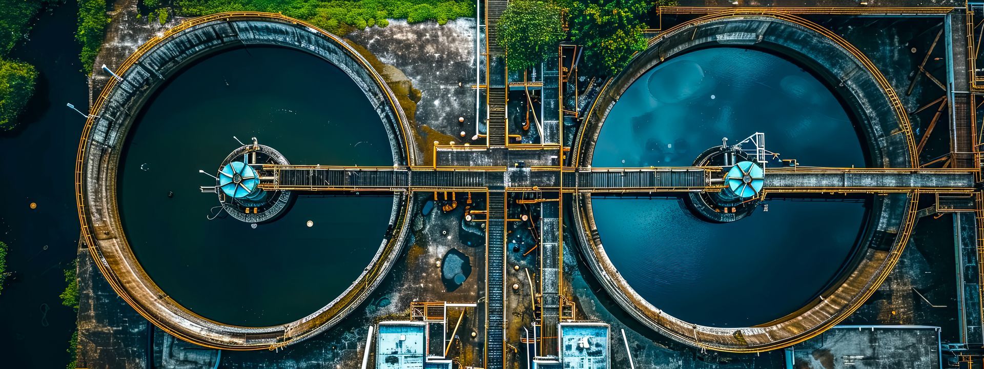 Aerial view of two circular water treatment basins with blue water, connected by a central bridge and machinery