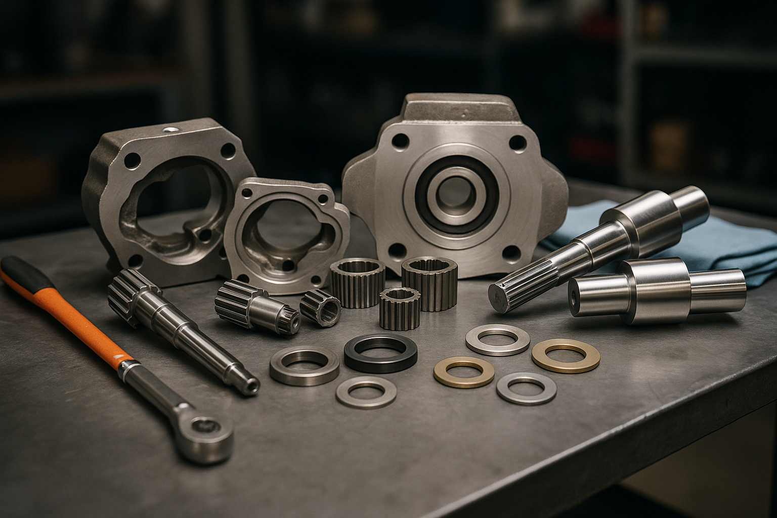 A bunch of metal parts are sitting on a table.