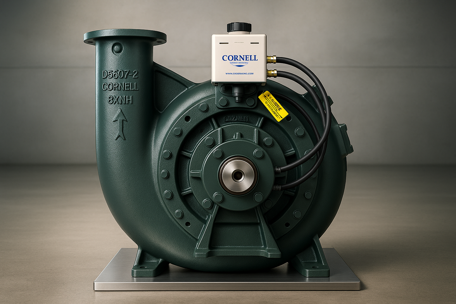 A green pump with a white box on top of it