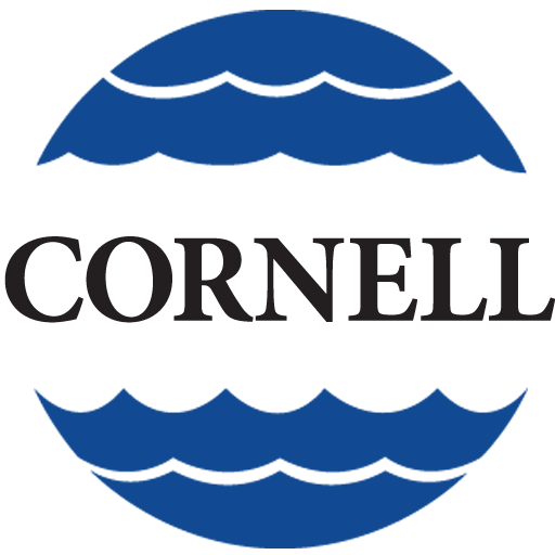 A cornell logo with waves in a blue circle