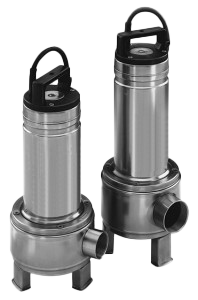 Two stainless steel pumps are sitting next to each other on a white background.