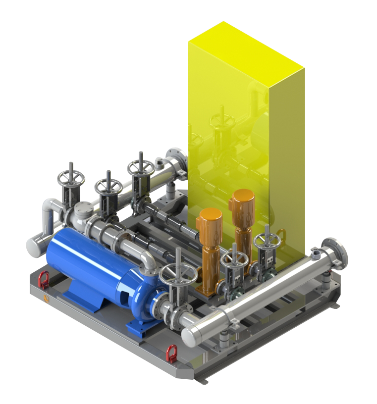 A 3d model of a machine with a yellow block in the background.