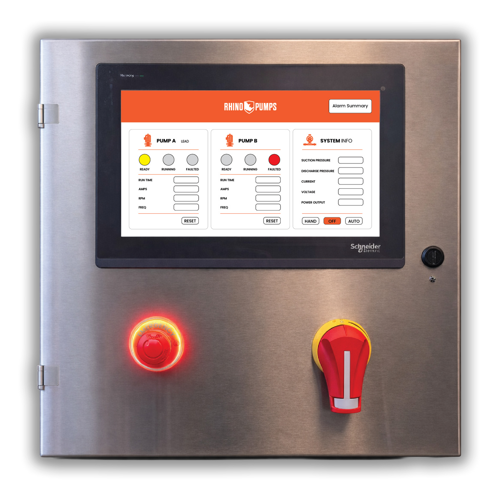 Stainless steel industrial control panel with touch screen display and emergency stop buttons.