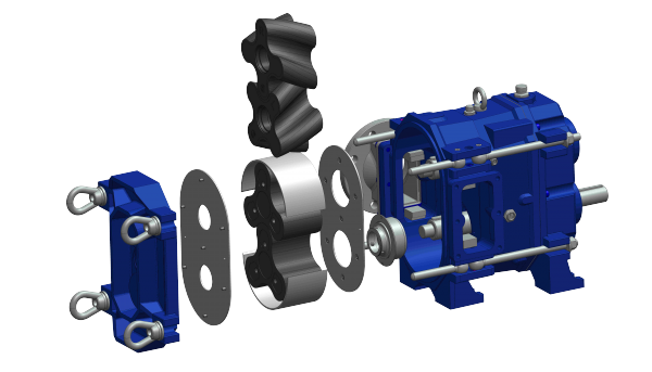 A blue pump is being disassembled to show the inside of it.