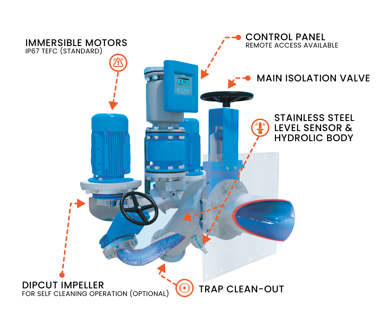 A diagram of a pump with stainless steel level sensor and hydraulic body