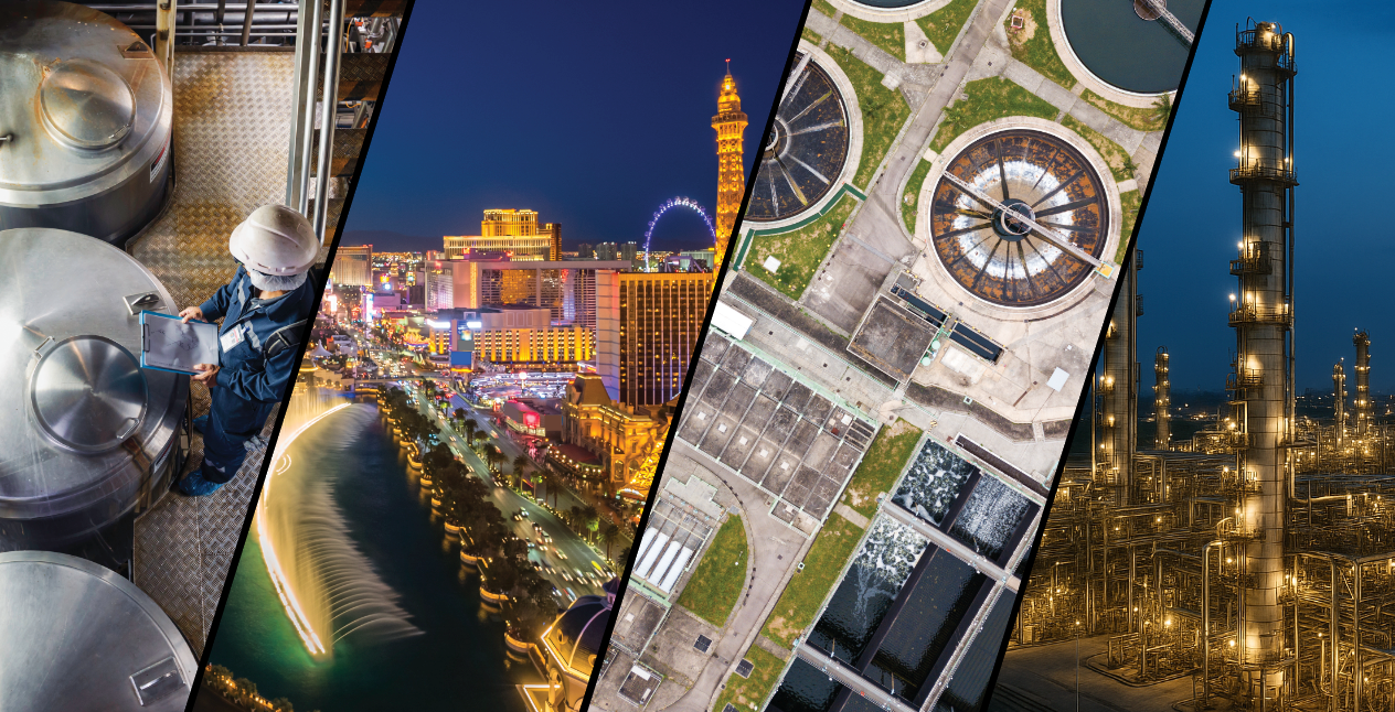 A collage of four pictures of different types of buildings.