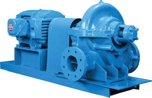 A blue water pump with a motor attached to it.