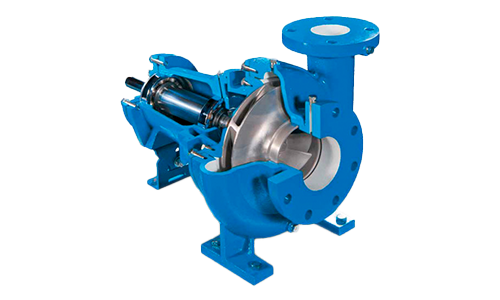 A blue water pump is cut in half on a white background.